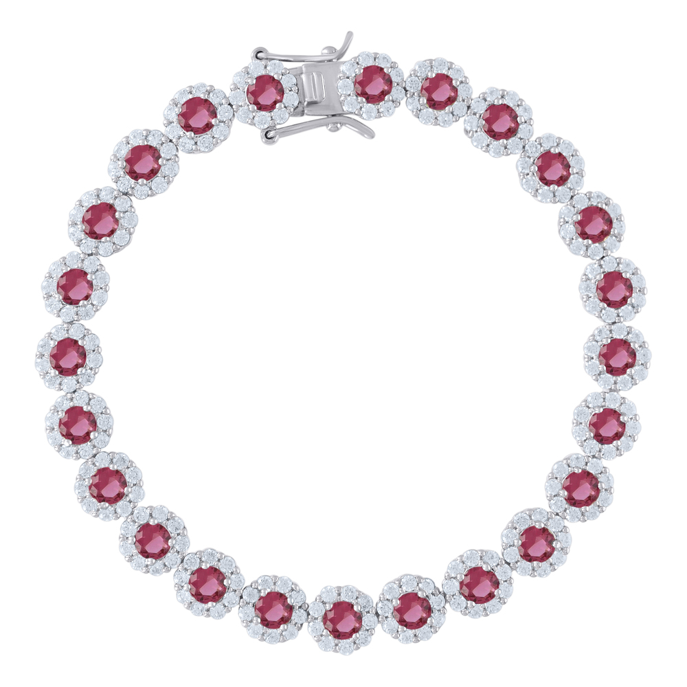 925 Sterling Silver Red & Wht Cubic Zirconia  Tennis Flower Bracelet Size 8 In